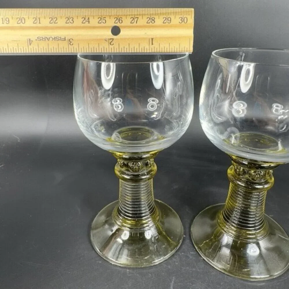 German Roemer Glasses Set 2 Green Bottom Clear Top Manganese 365nm Green UV Glow